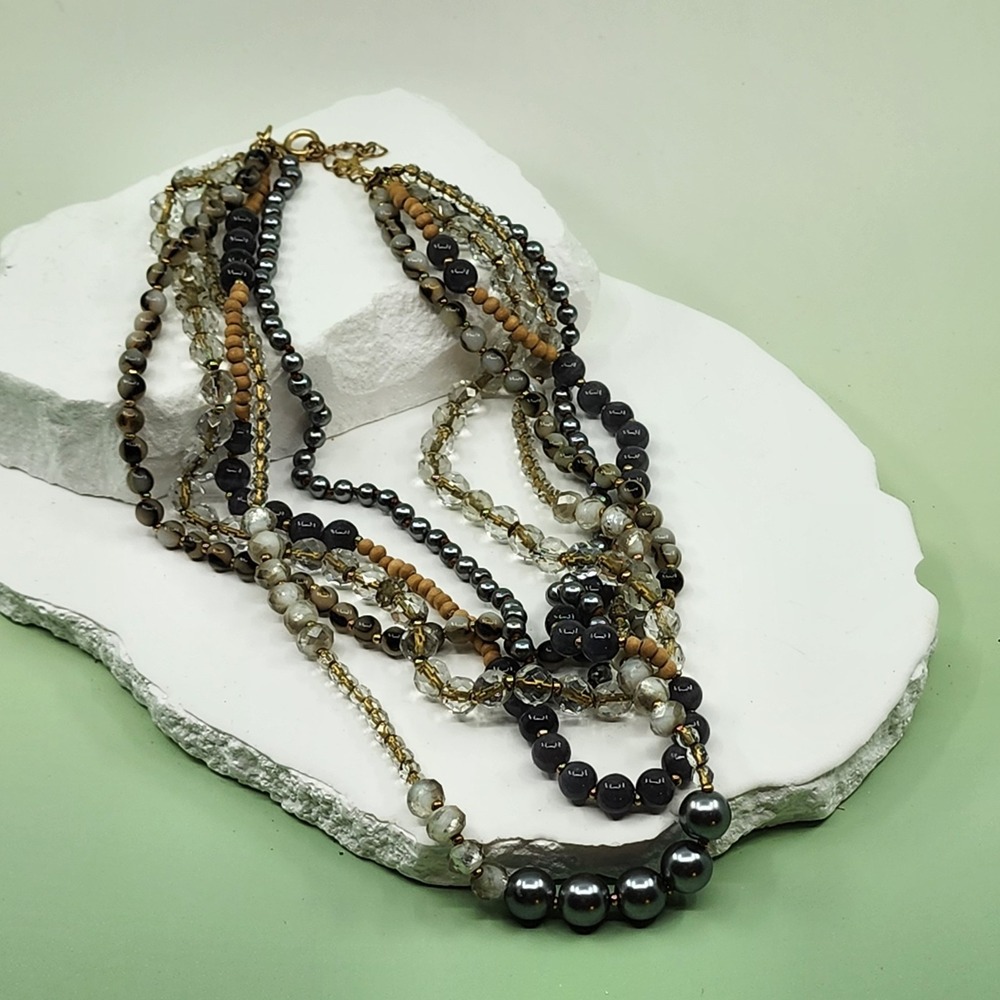 LOFT Multi Strand Beaded Necklace Gray Black Faux Pearl Wood Statement Gold Tone